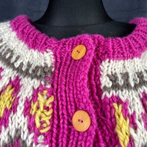 RESERVED for Caitlyn 90s Norwegian chunky wool CARDIGAN Fair Isle pink green yellow wood knitted winter Scandinavian  XL