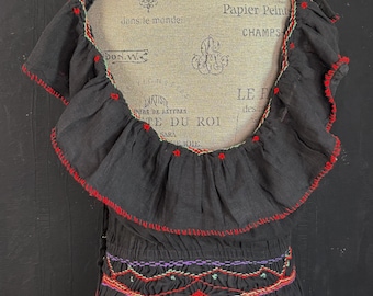 Vintage 70s Black & Red Embroidered Cotton Gauze Dress - Ruffle Maxi - Size M