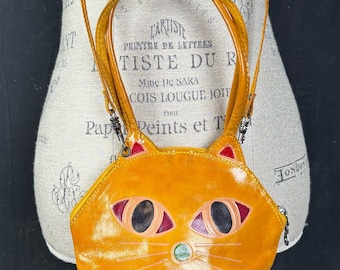 Vintage 90s Indian Leather Cat Bag with Inlaid Eyes - Yellow & Brown - Shoulder Style