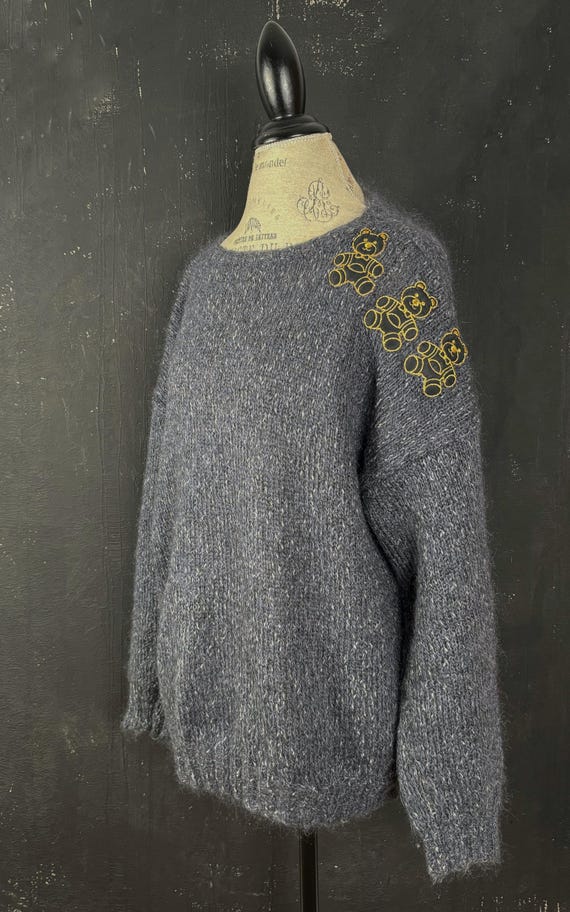 Grey wool knitted bear patchwork embroidered Fren… - image 5