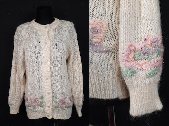 80s rose mohair wool embroidered CARDIGAN French … - image 1