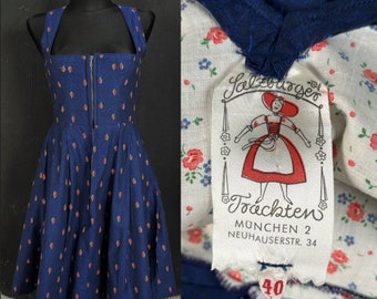 Jaren '70 Dirndl blauwe roze bloem Salzburg JURK Oktoberfest Alpen cottagecore festival Oostenrijkse traditionele schort meisje vintage XS