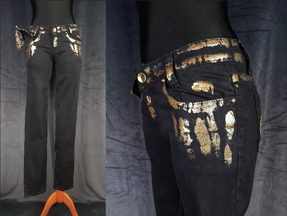 Y2K NWT Gold Black Crown JEANS Pants Bling Posh Sparkly Painted Denim Retro  New Vintage Rare Fashion Spain Hipster Oldschool Rave M 