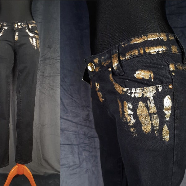 Y2K NWT gold black crown JEANS pants bling posh sparkly painted denim retro new vintage rare fashion Spain hipster oldschool rave M