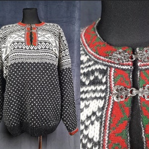 90s Norwegian Bouviac JUMPER pullover sweater knitted winter Scandinavian thick buckle unisex vintage viking black white warm Christmas L