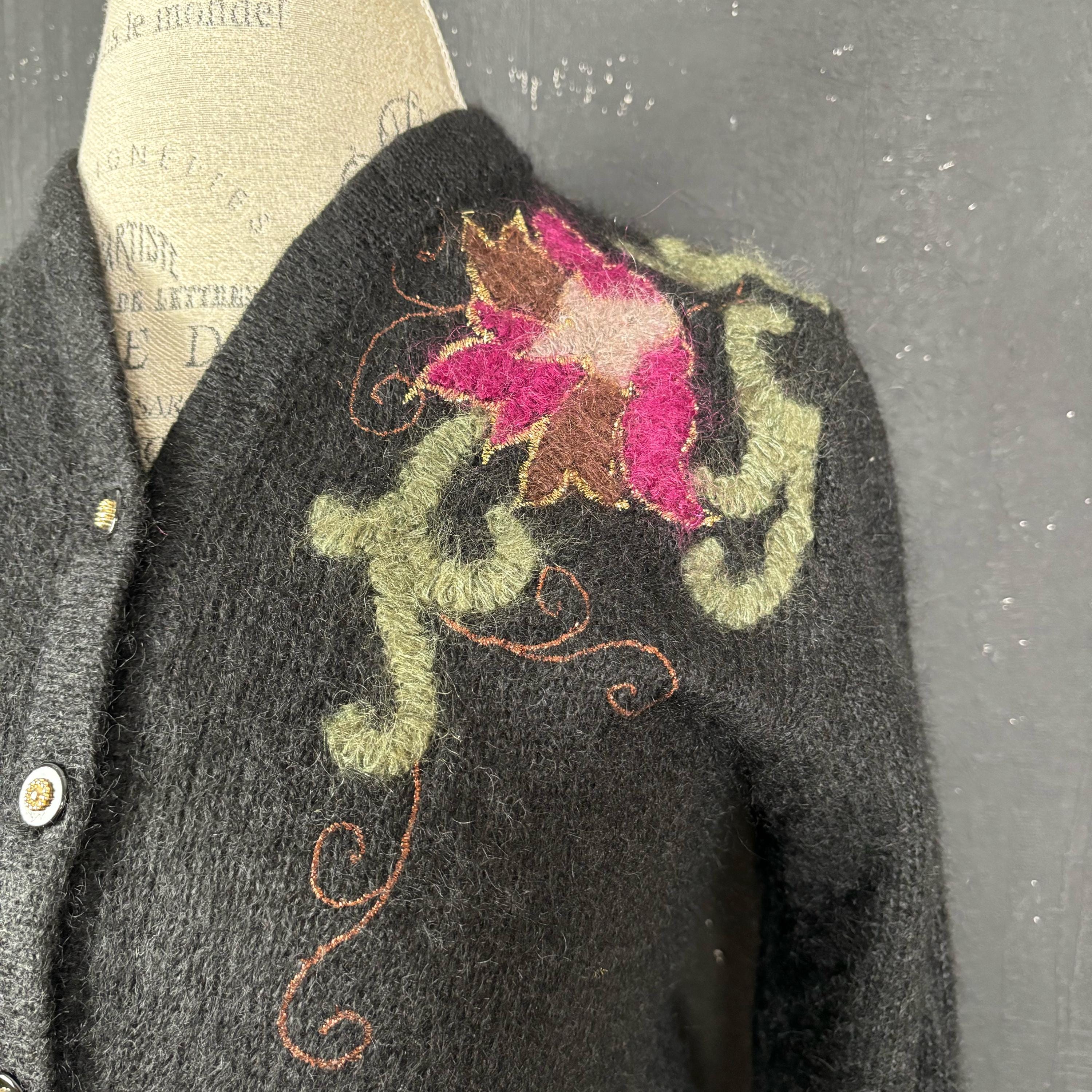 Black Flower Mohair Wool Embroidered CARDIGAN French Purple