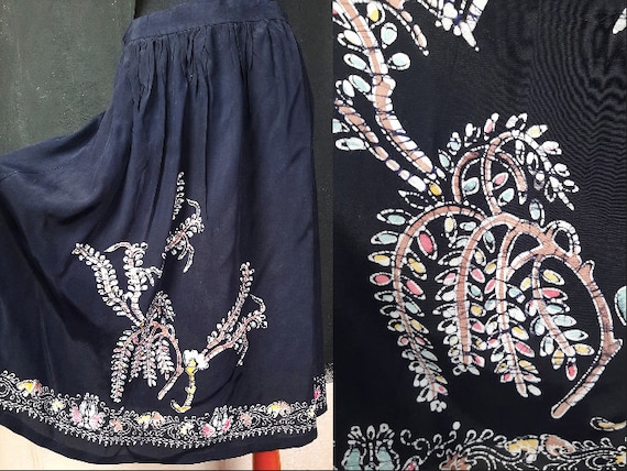 90s batik rayon tie dye SKIRT black white pink fl… - image 1