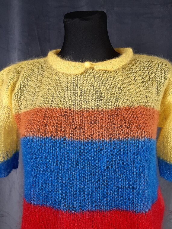 70s French mohair TOP jumper blouse yellow red bl… - image 4