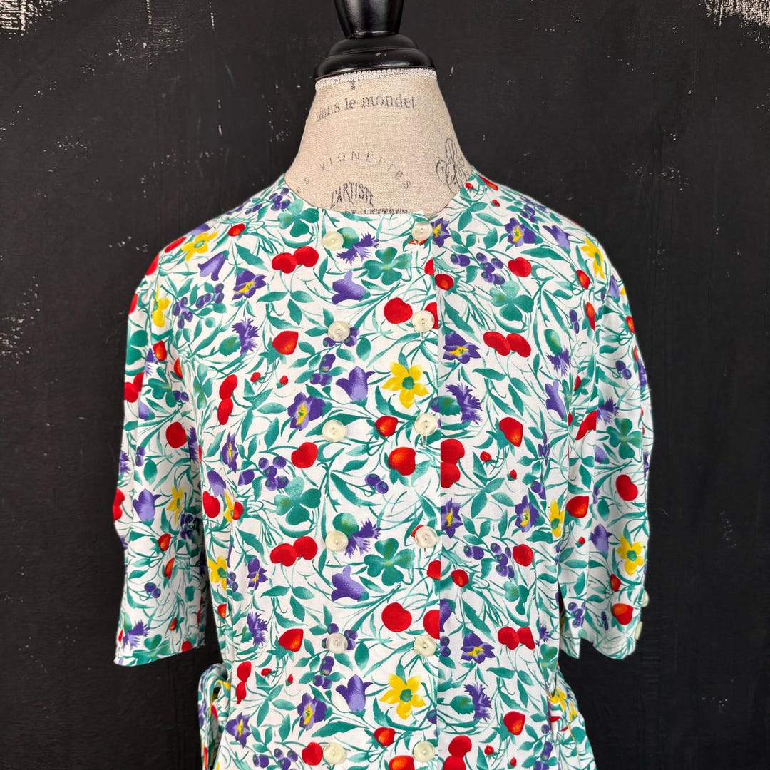 80s Vintage Mixed Berry & Floral Dress - Bluebell Strawberry Print ...