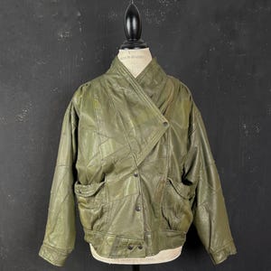 Vintage jaren 90 mosgroene leren patchworkblazer - Frans motorbikerjack, XL
