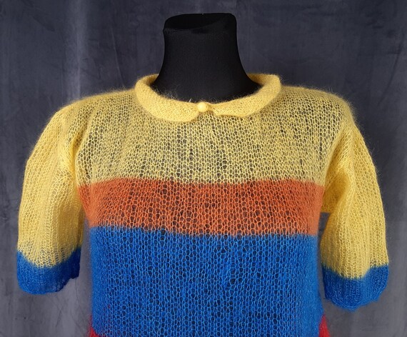 70s French mohair TOP jumper blouse yellow red bl… - image 5
