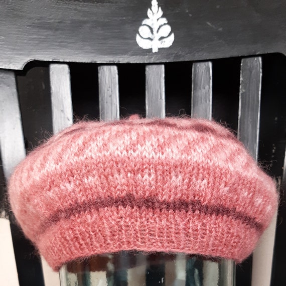 90s hand knitted wool Fair Isle BERET HAT beanie … - image 3