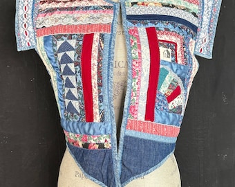 Vintage acolchado patchwork VEST azul ditsy flor cuadrado púrpura encaje paisley romántico boho hippie regalo boho fiesta de verano cumpleaños L