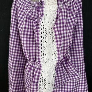 90s Dirndl cotton lace purple gingham Trachten TOP blouse Octoberfest Alpen cottagecore festival German Austrian traditional vintage XL