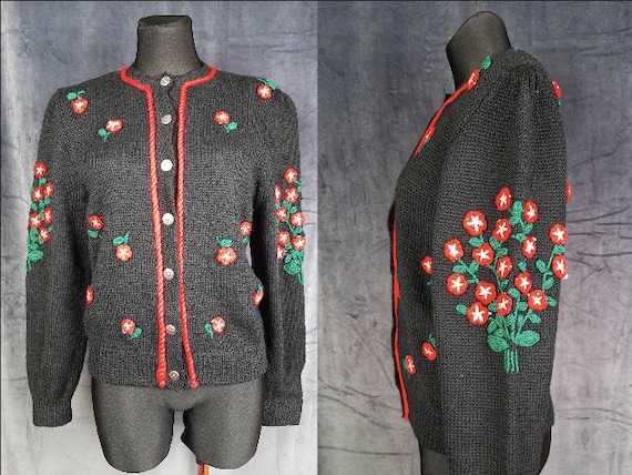 90s Dirndl wool CARDIGAN red black embroidered fl… - image 1