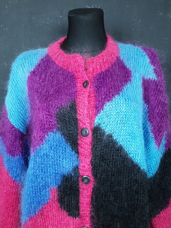 90s hand knitted mohair wool CARDIGAN purple blue… - image 3