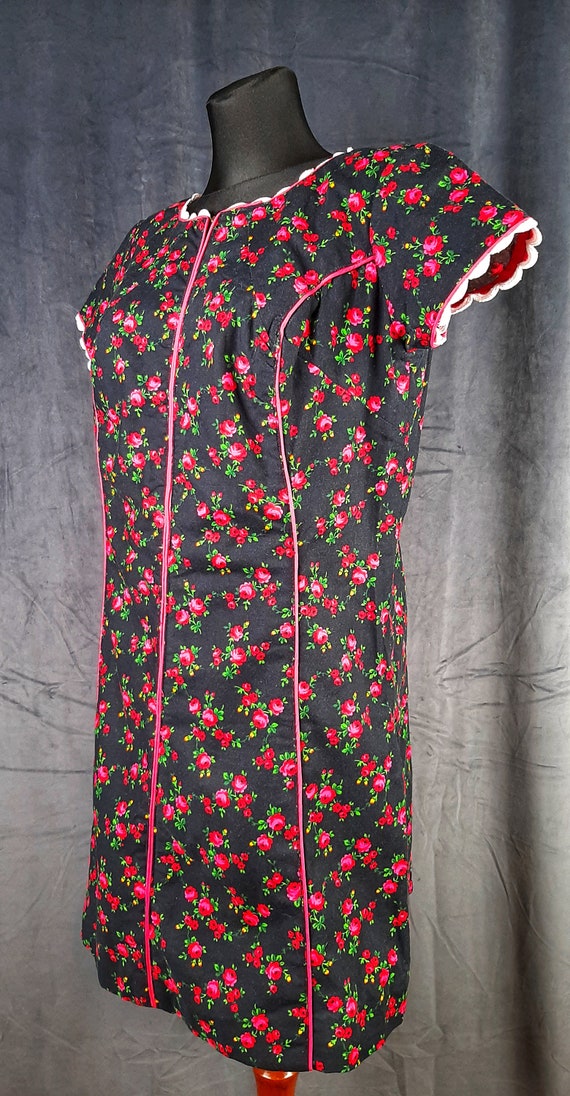 80s French roses DRESS red black rose scarf polka… - image 7