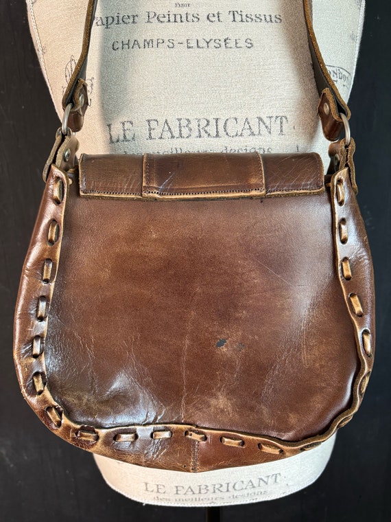 70s French tooled etched brown leather red BAG ha… - image 6
