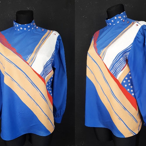 80 s Mario Pucci Cecconi BLOUSE top bleu à pois italien Italie signature marque été designer fleur blanc années quatre-vingt chic rayé rétro L