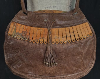 Vintage Alvaro Martini Italy World Map Crossbody Bag - Brown Leather Tassel