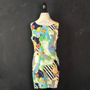 90er Weltkarte Kompass Schiff Meerjungfrau Seil Quaste blau grün Meer KLEIDER Neuheit Boho romantisch Sommer Spaß Vegan gestreift Stripes S
