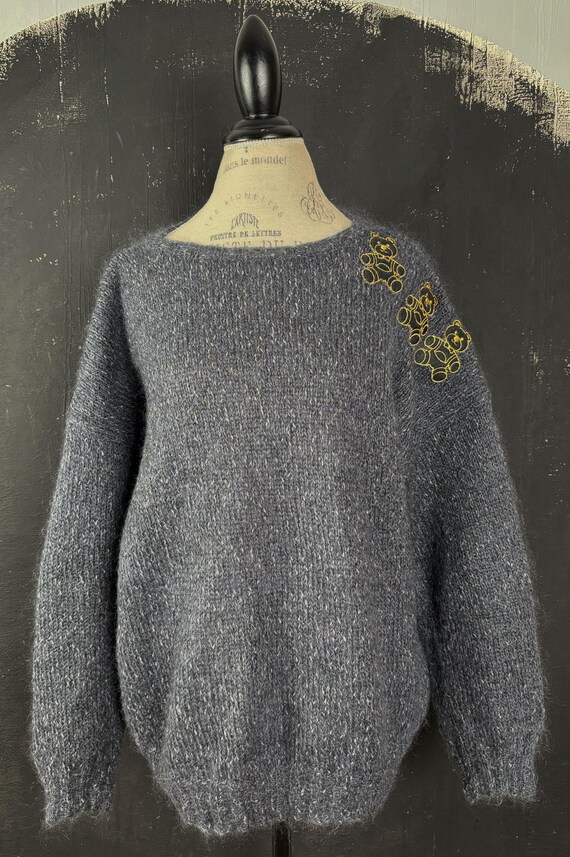 Grey wool knitted bear patchwork embroidered Fren… - image 6