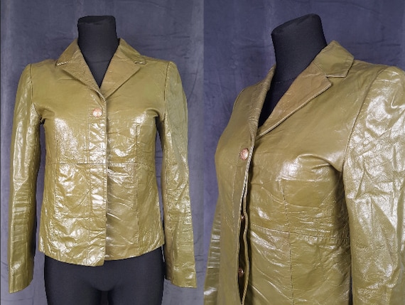 70s Paris French leather JACKET blazer olive gree… - image 1