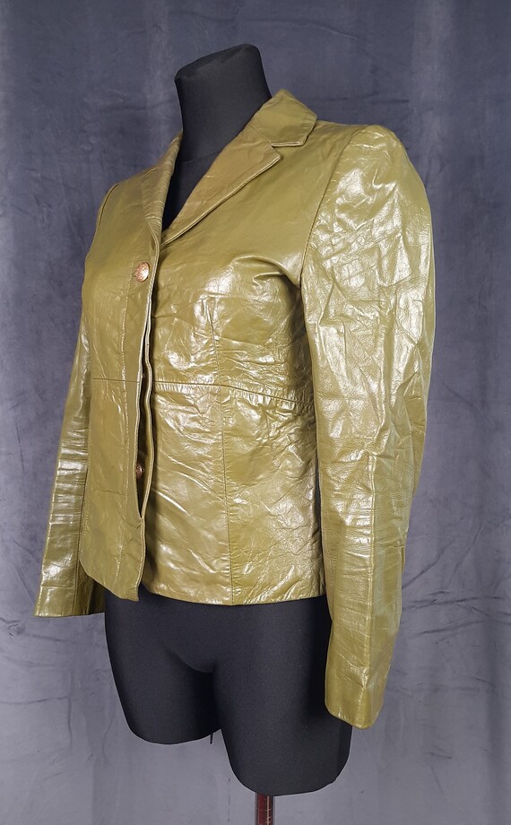 70s Paris French leather JACKET blazer olive gree… - image 7