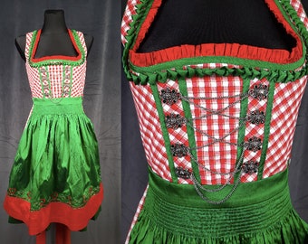 90s Landhaus Dirndl DRESS red green heart apron silky corset cottagecore chain Octoberfest Trachten gingham medieval kawaii cosplay XS