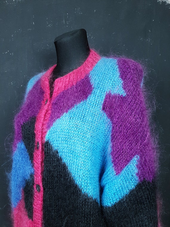 90s hand knitted mohair wool CARDIGAN purple blue… - image 8