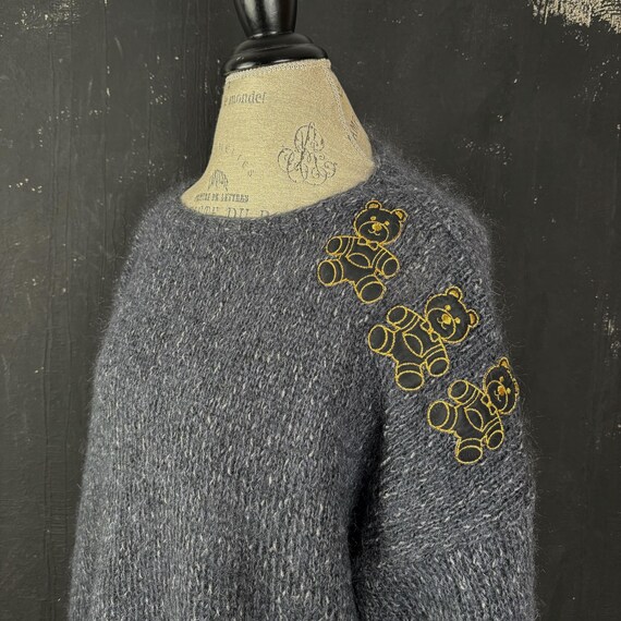 Grey wool knitted bear patchwork embroidered Fren… - image 1