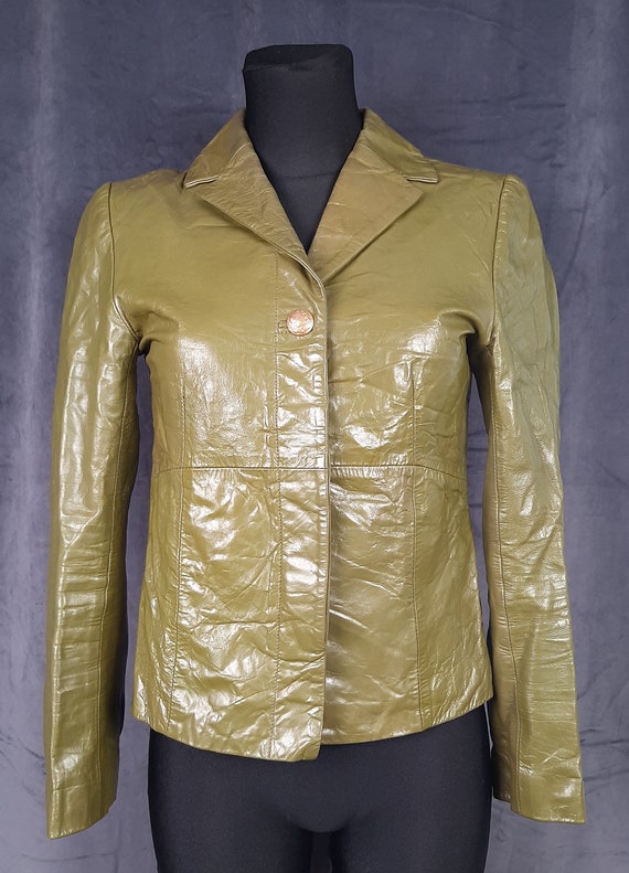 70s Paris French leather JACKET blazer olive gree… - image 2