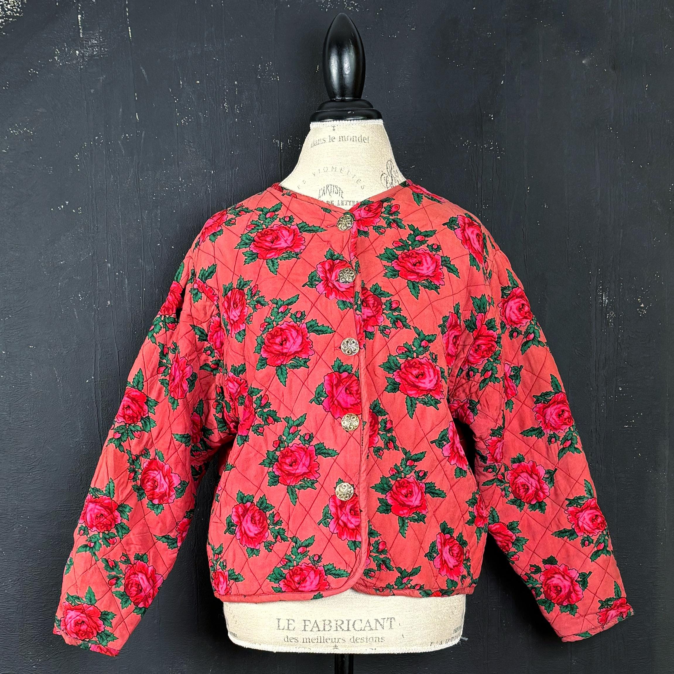 90s Rose Pink Red Quilted Flower BLAZER Jacket Block Print