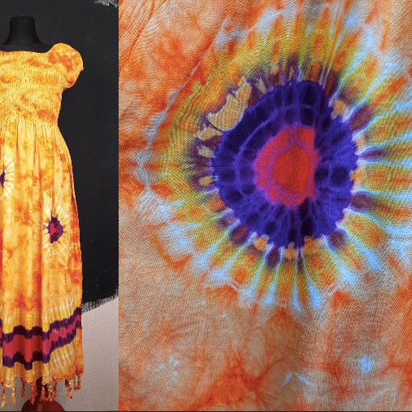 90 s tie dye DRESS jaune violet rose perles psychédéliques perlé festival hippie été plage soleil boho végétalien vintage rétro années 90 S M L