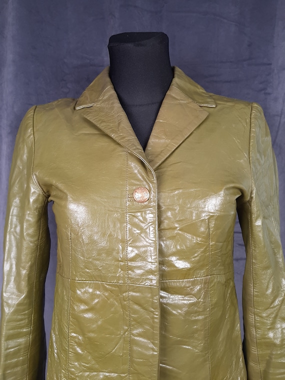 70s Paris French leather JACKET blazer olive gree… - image 3