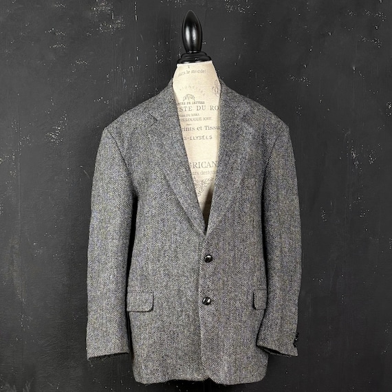 Vintage 90s Harris Tweed Grey Wool Blazer - Handwoven Herringbone