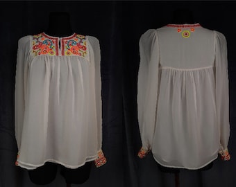 Y2K Matthew Williamson soie BLOUSE brodé paisley miroir bling fleur blanc orange rouge vif designer rare mode US 4 eu 34 XS