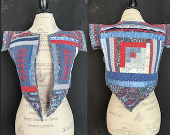 Vintage acolchado patchwork VEST azul ditsy flor cuadrado púrpura encaje paisley romántico boho hippie regalo boho fiesta de verano cumpleaños S