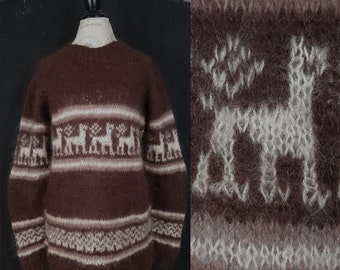 90s mohair llama animal knitted fluffy wool brown JUMPER sweater winter Christmas ski warm boho vintage white French L