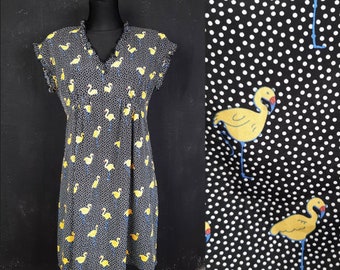 Yellow flamingo bird DRESS polka dot black white novelty Paris France summer vintage romantic gift retro bright ruffle frill vegan M