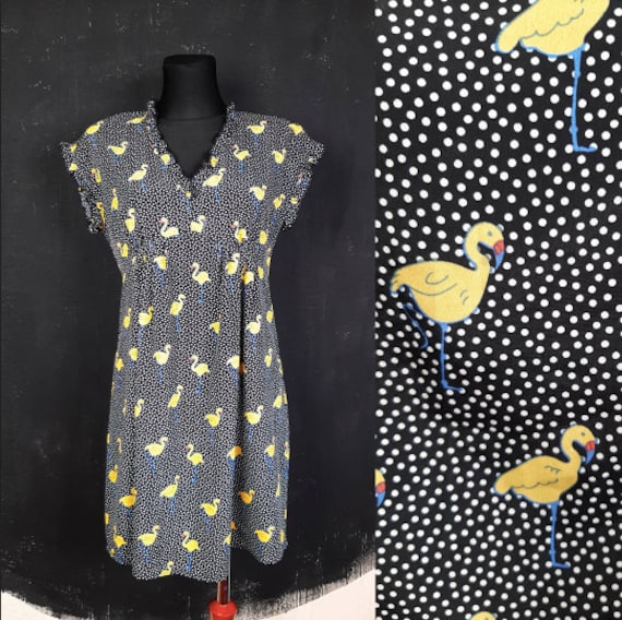 Yellow flamingo bird DRESS polka dot black white … - image 1