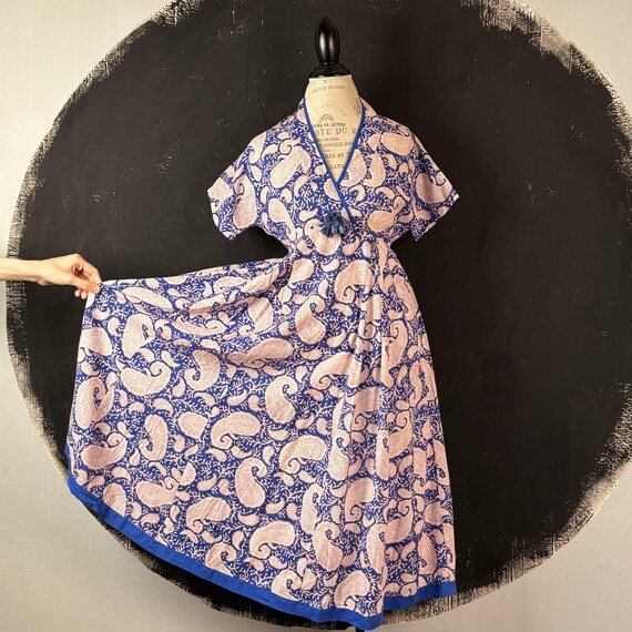 Vtg Zen Ethic Block Print Blue Red Paisley Pom Pom DRESS