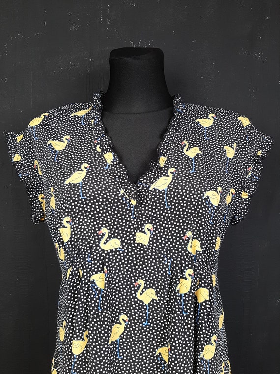 Yellow flamingo bird DRESS polka dot black white … - image 6