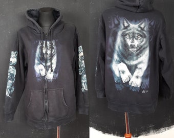 00s wolf pack HOODIE JUMPER black animal wild rave grunge vintage winter gift warm ski unisex L