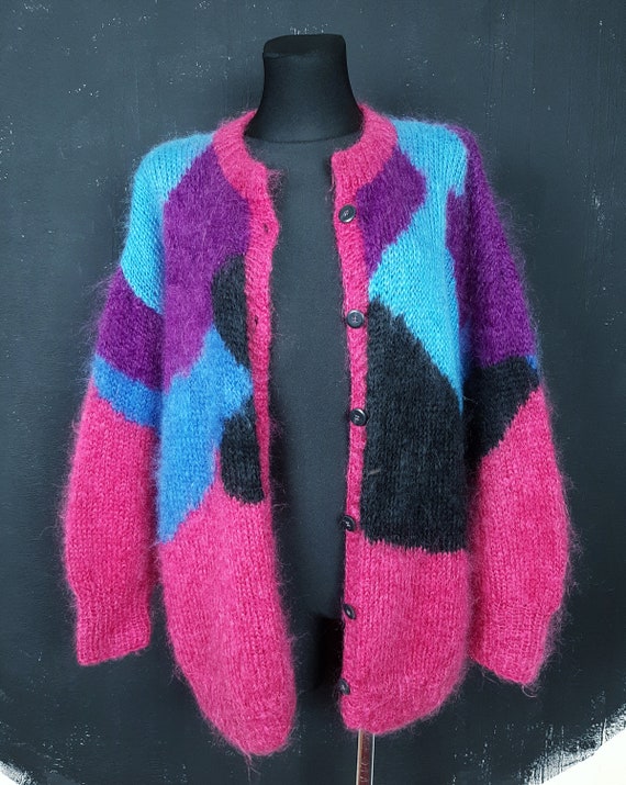 90s hand knitted mohair wool CARDIGAN purple blue… - image 4