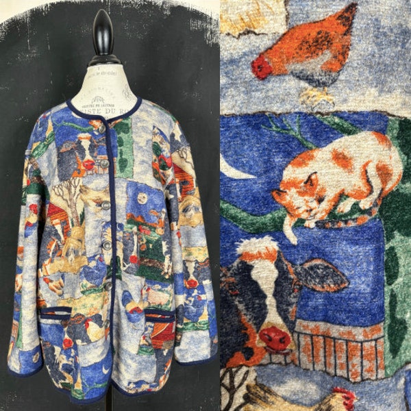 90er Norweger Markt Kuh Auto Hühnerhof Sonnenblume CARDIGAN Blazer Jacke Wolle Skandinavischer Hahn Tiere Vogel Mond Scheune Baum L