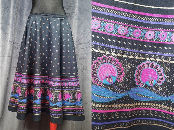 80s German Ditsy SKIRT Black Purple Blue Gold Feather Flower Print