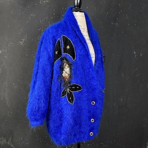 80s Vintage French Mohair Cardigan - Blue Hand Knitted Beaded Patchwork, XXXL