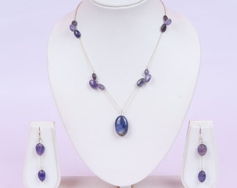 Sterling Silver Tanzanite Jewelry Set Blue Stone Necklace Tanzanite Earrings Handmade Minimalist Style Tanzanite For Daughter