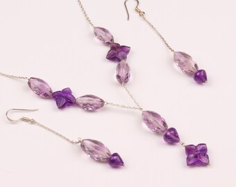 Sterling Silver Purple Jewelry Set Pink Amethyst Necklace Carving Earrings Flower Shape Minimalist Style Amethyst Set